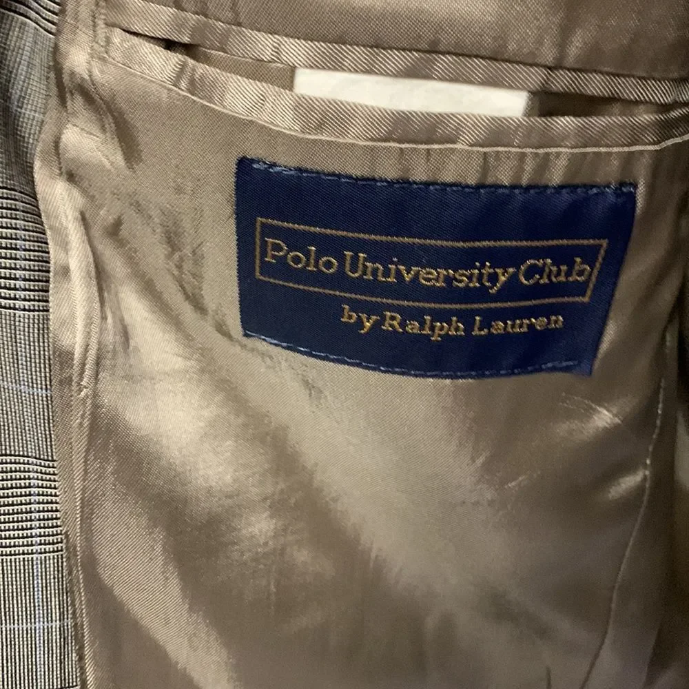 Polo University Club by Ralph Lauren Tan Black Blue Plaid Wool Suit Size 41Tall